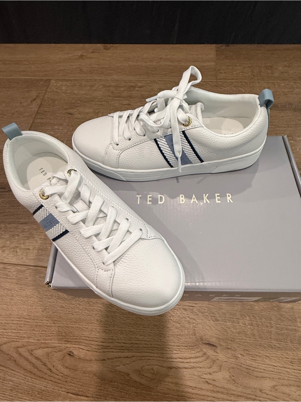 Ted Baker “Bailey Icon” White Sneakers with Navy and Light Blue Stripe Accents